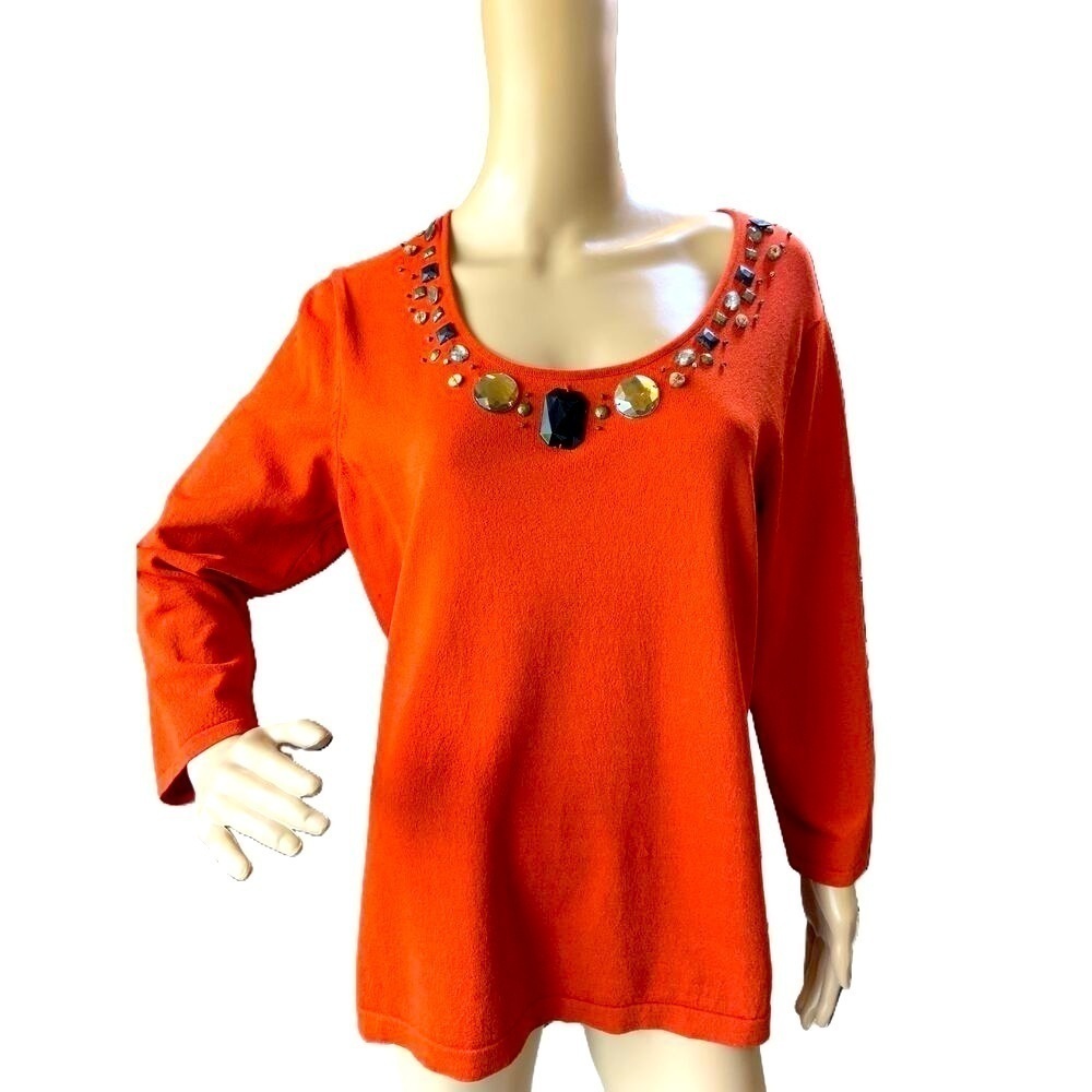 Jones New York Orange Embellished Long Sleeve Pullover Sweater Size 1X